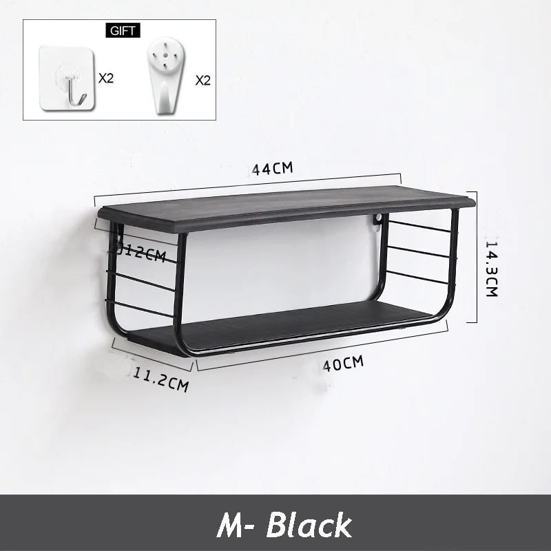 Настенная плавающая металлическая полка 2 уровня современная вешалка для спальни гостиной органайзер для хранения украшение дом деревянные держатели - Цвет: Black M
