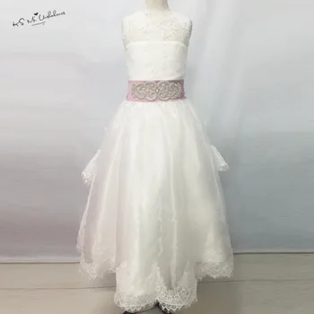 

Princesa Pink White Flower Girl Dresses for Weddings Lace Bow Floor Length 2017 Girls Pageant Prom Dress Vestidos de Comunion