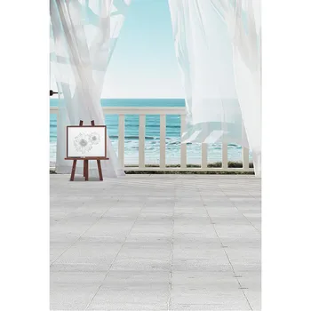 

Seaside Beach Backdrops for Wedding Photography Printed White Curtains Fence Blue Sky and Sea Summer Holiday Photo Backgrounds