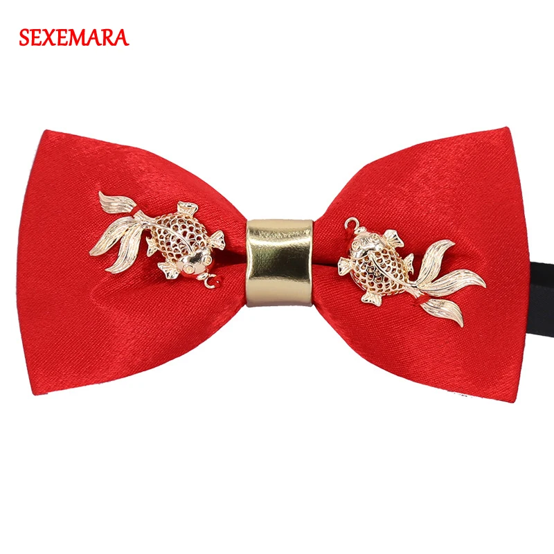 

New Luxury Boutique Fashion Metal Goldfish Bow Ties Chinese New Year Style Red Color Bowtie Gravata Goldfish Bow Tie Cravat