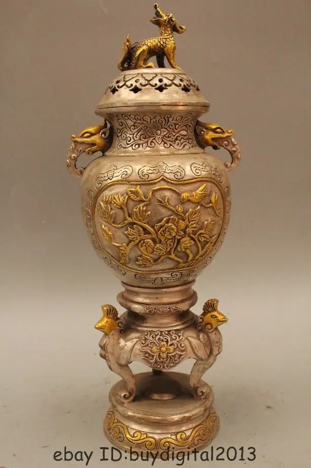 

DS 11"Marked Chinese China Silver Gild Lucky Dragon phoenix Incense Burner Censer