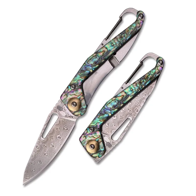 

HX OUTDOORS Wallet Knife Damascus Blade Damascus / shell Handle Survival Camping Knives Carabiner Outdoor EDC Tools