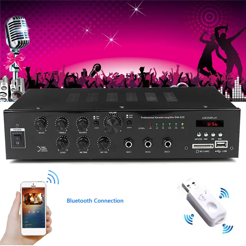 

MP3 HIFI Home Audio Bluetooth Power Amplifier Home Stereo 4-8 ohm 2 CH 3 MIC KTV Karaoke Mixer USB/SD Card Car Amplifier 220V