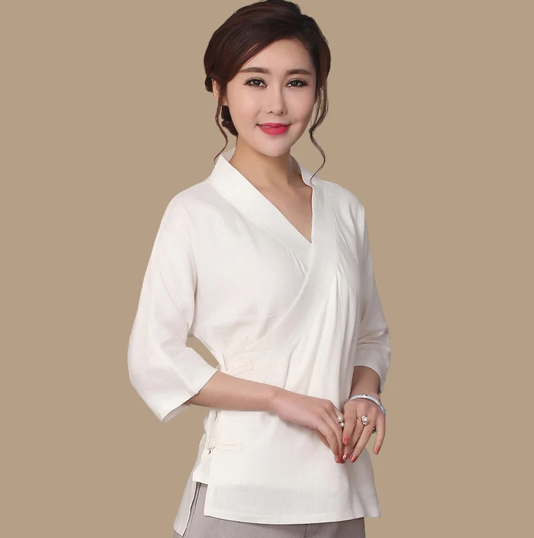 Белая блуза в китайском стиле с v-образным вырезом, Женская хлопковая льняная Повседневная рубашка, весна-осень, новая женская одежда, Размеры s m l xl XXL XL091 - Цвет: White