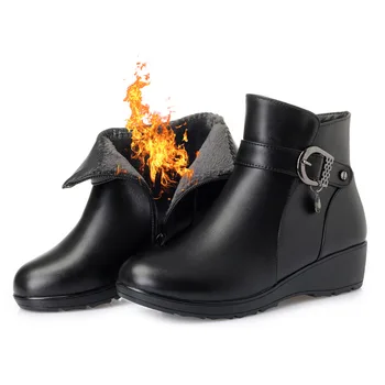 

2019 New Large Size Winter Boots Women Fashion Buckle Cowhide Leather Shoes Woman Boots Non-slip Warm Fur One Wool Ankle Boots
