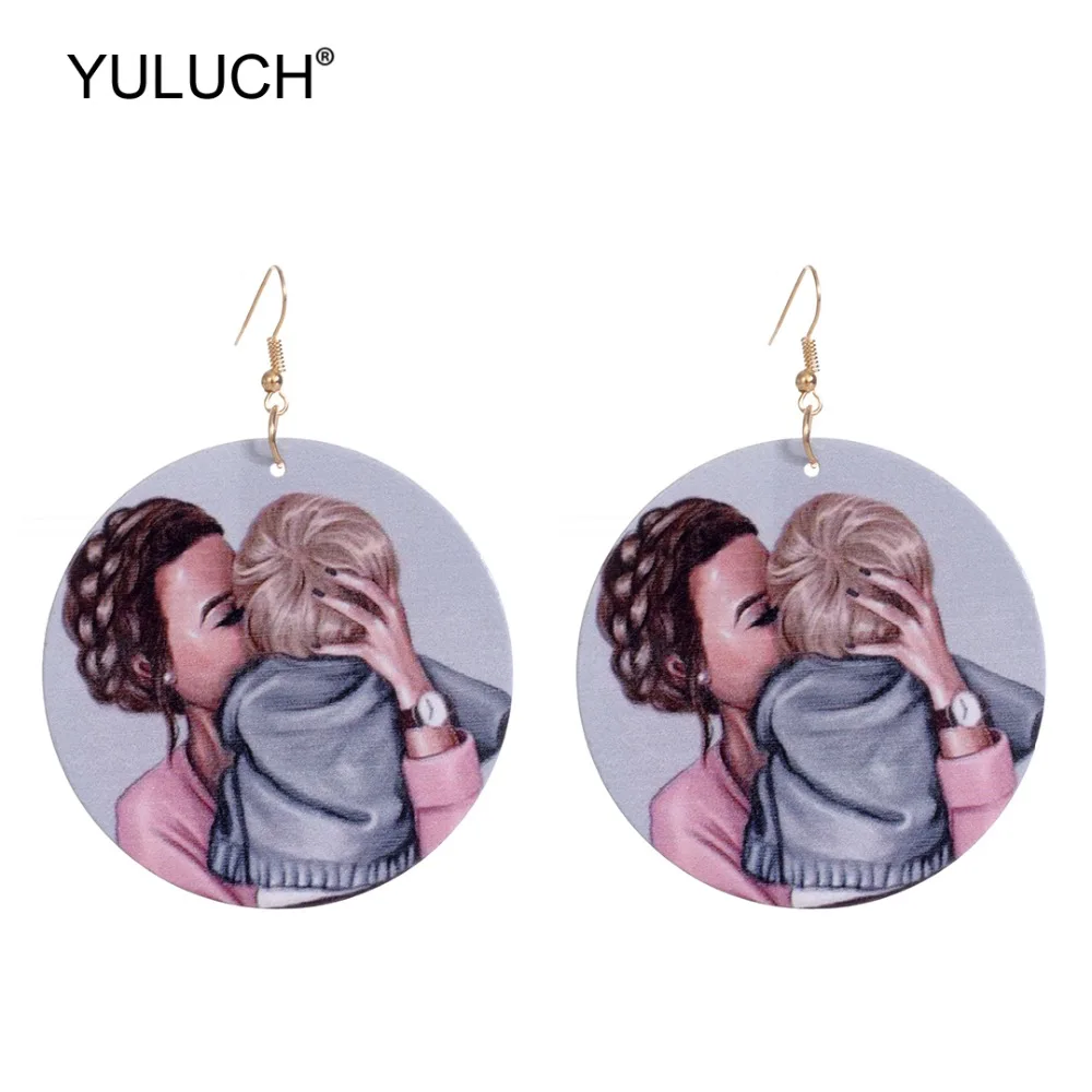

YULUCH 2019 Fashion Round Wood Mom Love Painted Printing Drop Earrings Ethnic African Long Statement Jewelry Earrings For Party