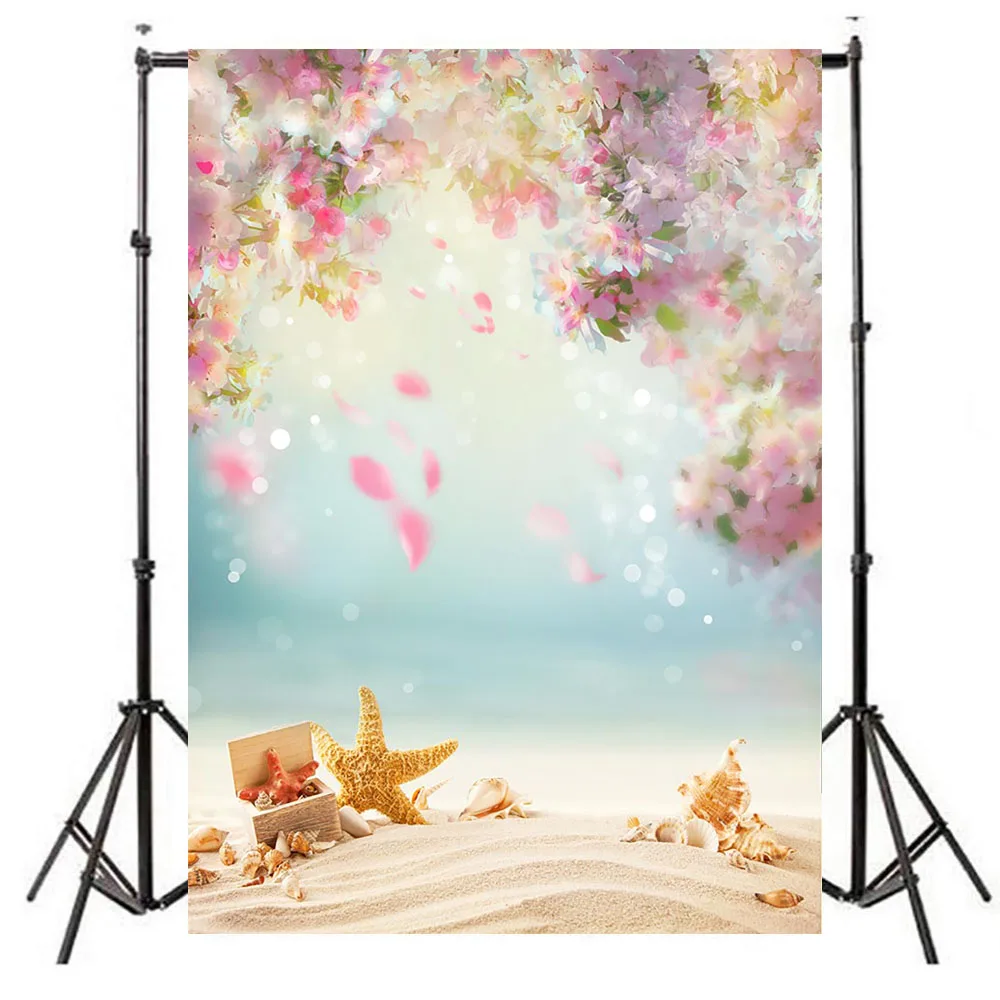 

NeoBack Summer Beach Photography Backdrop Sandy Beach Shell Starfish Backdrops Falling Petals Cherry Blossom Photo Background