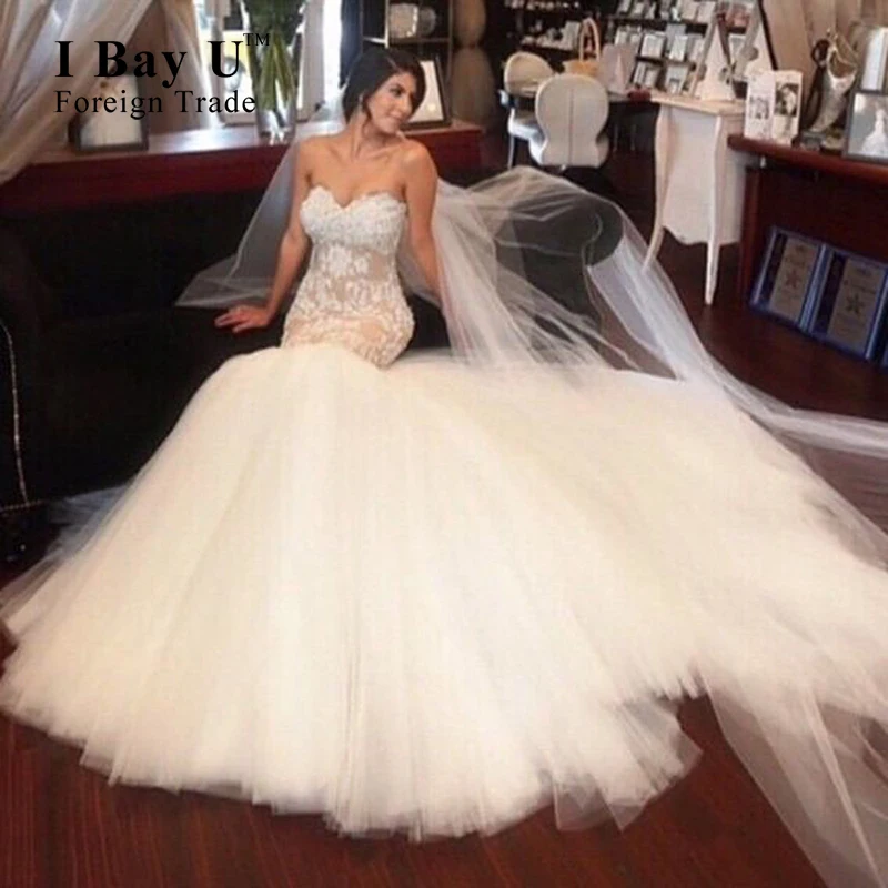 

I Bay U Glamorous Puffy Tiered Tail Mermaid Bridal Gowns Sweetheart Appliqued Zipper Off The Shoulder Arabic Wedding Dress Dubai