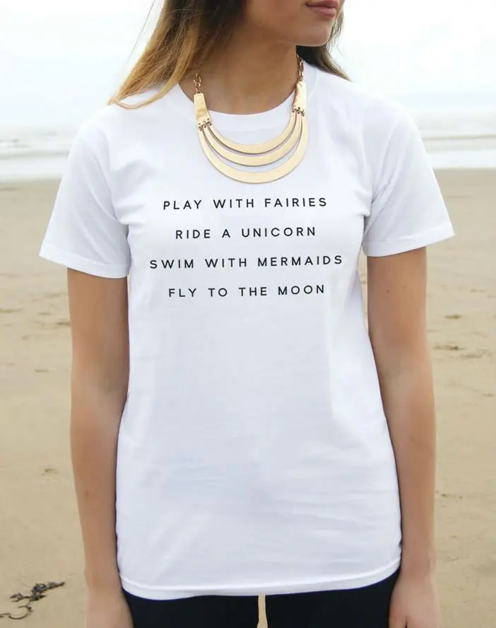 

Play With Fairies Ride A Unicorn With Mermaids Women T shirt Cotton Casual Funny Shirt For Lady Black White Gray Z-172