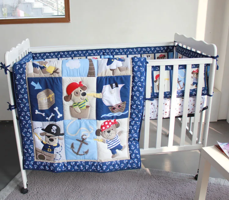 Детская кроватка для новорожденных, комплект из 7 предметов для мальчиков, хлопок, качественные детские кроватки с реактивной вышивкой, дизайн пирата - Цвет: pirate dog