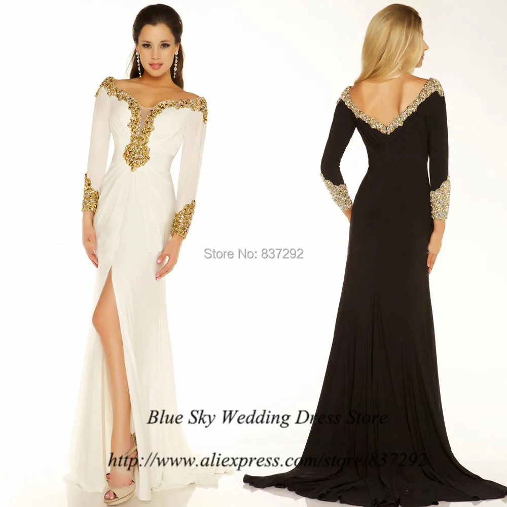 Elegant Women Long Sleeve Evening Dress Gold Beaded White Black Chiffon 2015 Prom Dresses Split Couture