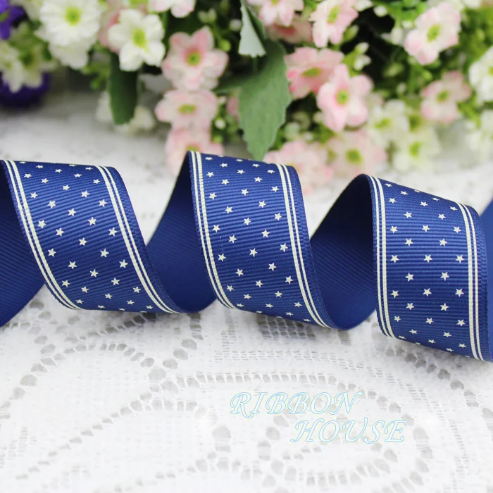 

1'' (25mm-26mm) blue pentagram series ribbons printed grosgrain ribbon gift wrap ribbon decoration ribbon 5 yards