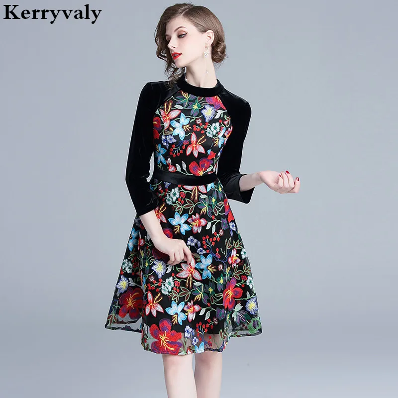 Ретро бархатное вышитое платье с вышивкой из цветов Vestido Invierno Mujer 2021 осенние