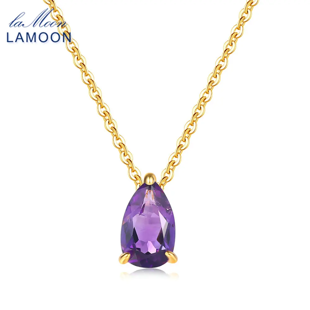 LAMOON 100% Natural Amethyst Pendant Necklace For Women Water Drop S925 Silver Yellow Gold Plated Fine Jewelry Gift LMNI072 | Украшения и