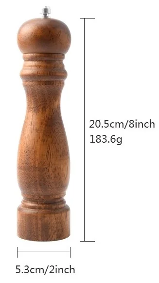 8 inch Кухонная перцовая шлифовальная машина Деревянная Ручная мельница для перца, 8 дюймов высокий корпус с керамическим ротором Регулируемая крупнота перечница, солонка - Цвет: 8 inch