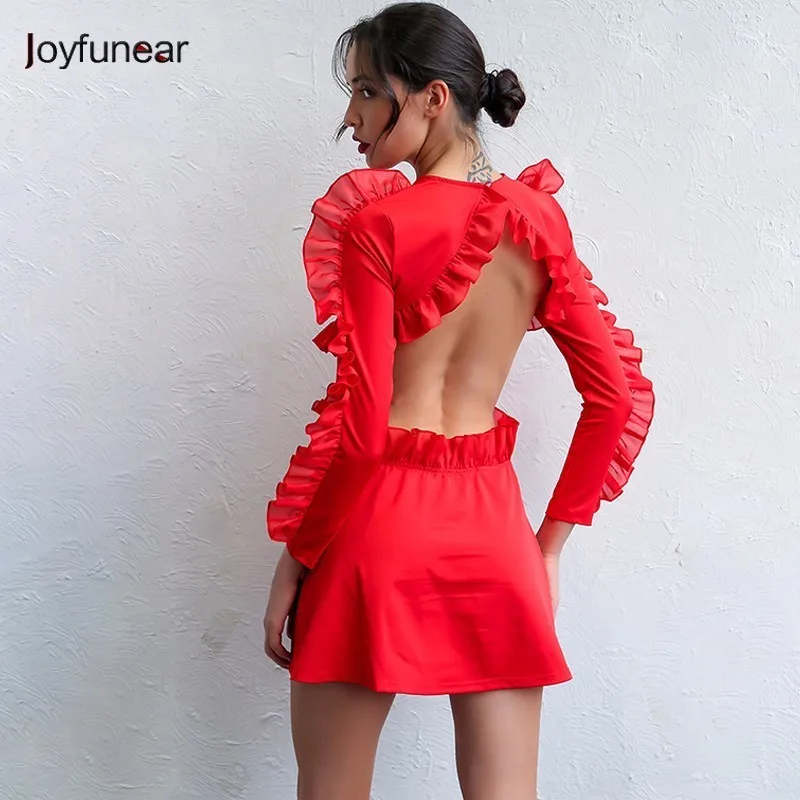

Joyfunear Women Summer Casual Mini Dress Ruffles O Neck Long Sleeve Party Short Dresses Elegant Backless Sexy Sundress Vestidos
