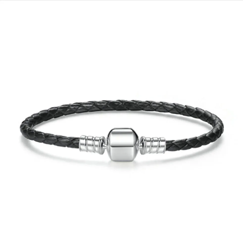 

Long Double Pink Black Braided Leather Chain Women Bracelets with 925 Sterling Silver Snake Clasp for Women Silver Jewelry Gift