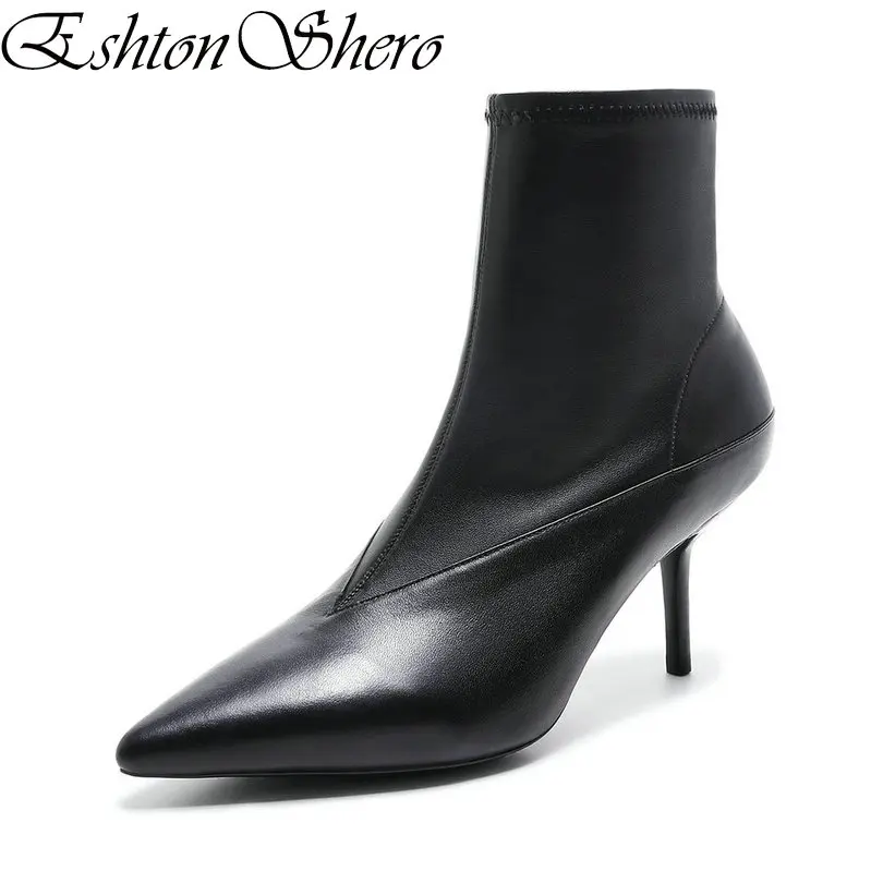 

EshtonShero Women Shoes Woman Ankle Boots Cow Leather+PU Thin High Heel Pointed Toe Ladies Motorcycle Boots Size 34-39