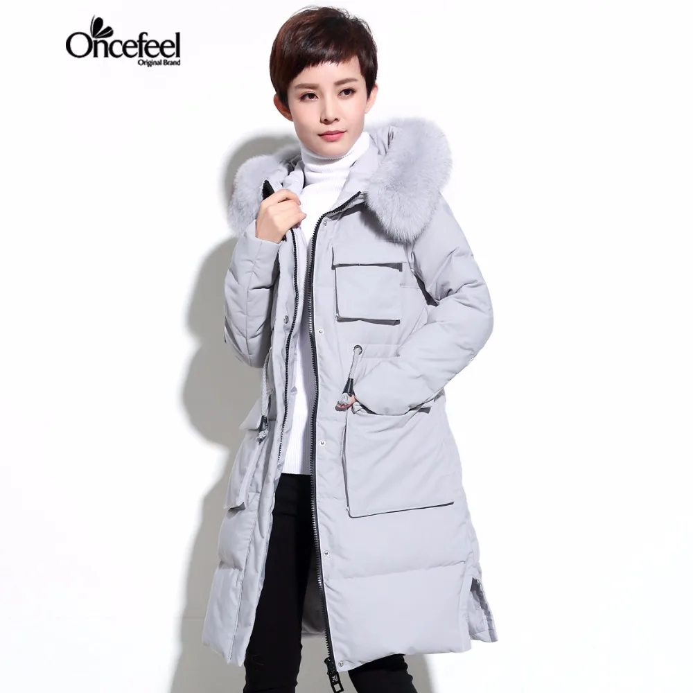 

Jacket women True fox fur collar solid color long section Women's jackets Winter new European American minimalist down jacket