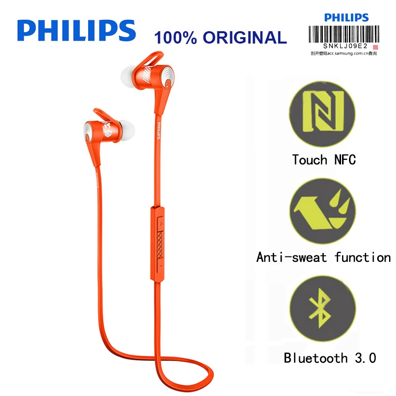

Philips SHQ7300 Bluetooth Headphones with NFC Mic Wire Control Waterproof Headset Neckband for Ipnone8 Official Certification