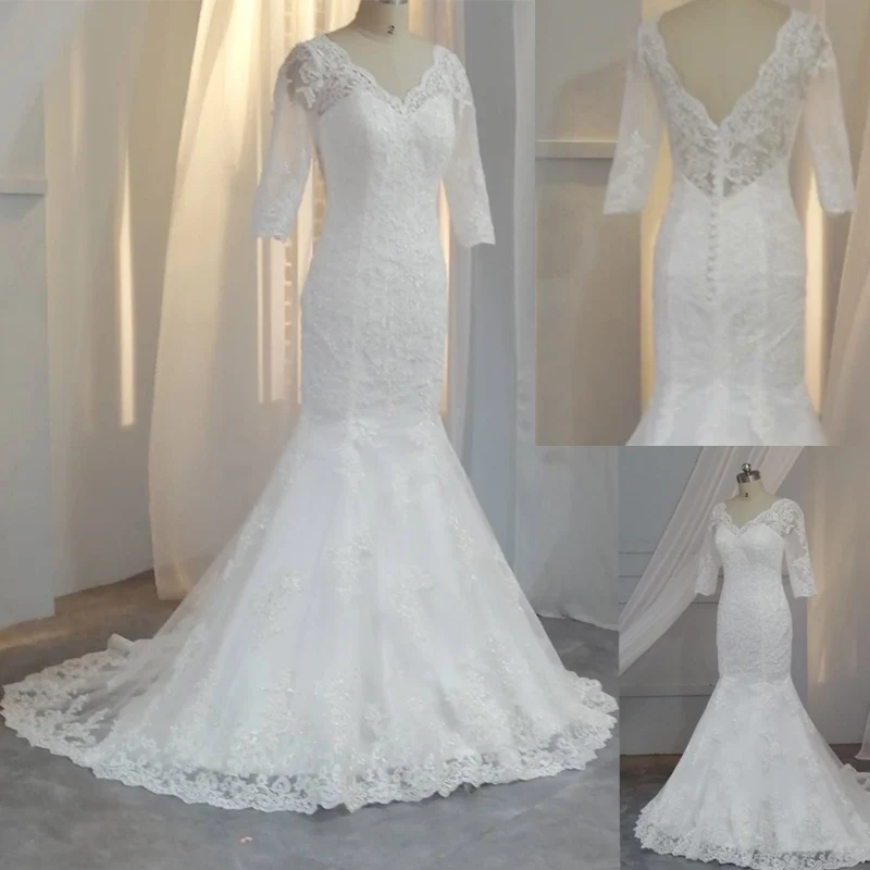 

half sleeves wedding dress elegant Mermaid marriage dress v neck zipper vestido de noiva cap sleeves for wedding 2019 Appliques