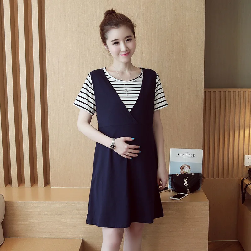 

Maternity leave two piece new Summer Cotton Striped short sleeved dress Maternity dresses strap for pregnant women