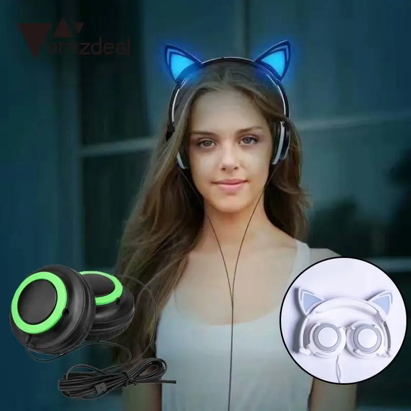 amzdeal New Cat Ears 3.5mm Wired Foldable Glowing Light Up Headband Stereo Headphone Headset