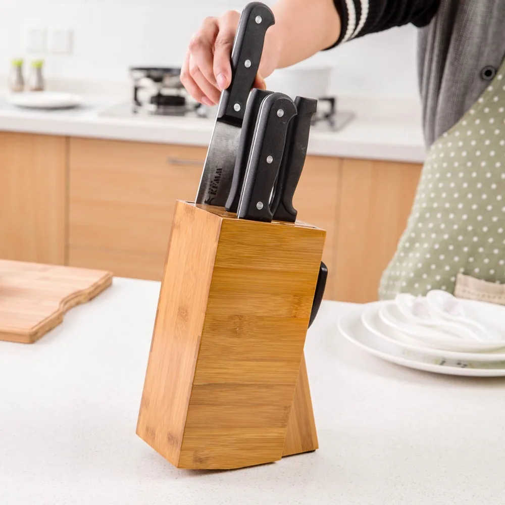 Bamboo Wood Cutlery Block Holder Storage Box Organizer Kitchen Scissors
