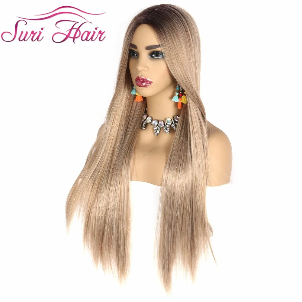 Pаспродажа Сури Волосы Длинные прямые парик Золотой Блонд Омбре черный корень синтетические парики для женщин Косплей волосы Бесплатная доставка Тер...