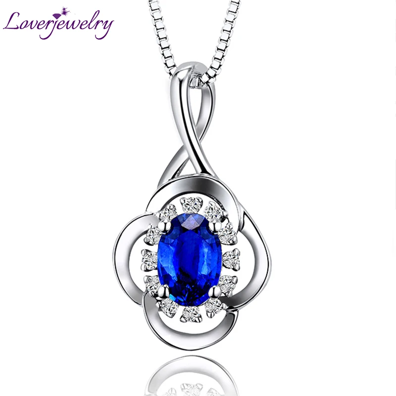 

Luxurious Lady Jewelry 100% Natural Blue Sapphire Pendant Oval 4x6mm 18K White Gold Genuine Diamond For women Engagement