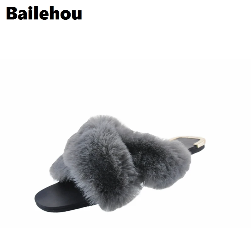 

Bailehou New Fashion Women Flats Slippers Casual Shoes Fur Plush Slip On Slides Outdoor Slipper Open-toed Sandals Black Rubber