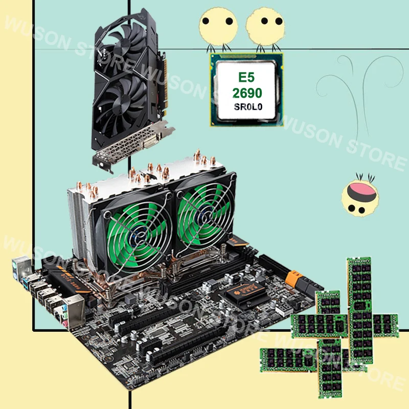 Best Price HUANANZHI dual X79 motherboard with M.2 slot dual LAN port dual CPU Intel Xeon E5 2690 2.9GHz video card GTX1050TI 4G RAM 4*16G Best Price HUANANZHI dual X79 motherboard with M.2 slot dual LAN port dual CPU Intel Xeon E5 2690 2.9GHz video card GTX1050TI 4G RAM 4*16G