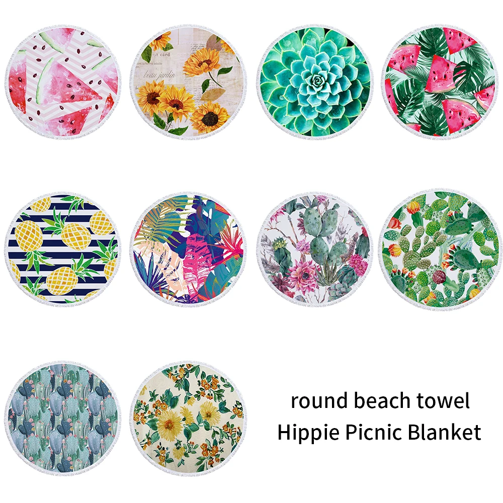 

Summer Large Beach Towel Round Shape Fruit Printing Microfiber Beach Towel For Adults Tassels Yoga Mat Bath Towel Picnic Blanket