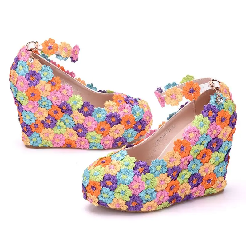 Crystal Queen Multicolor Flower Shining LACE Womens Wedge Shoes Wedding Shoes Matching bags Clutches 11CM High Heels Pumps Party