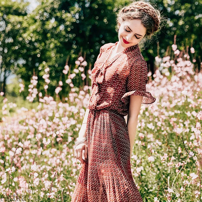ARTKA 2018 Summer vintage floral chiffon scarf collar flamingo strap scarf collar lotus leaf sleeve tallie dress LA15477X