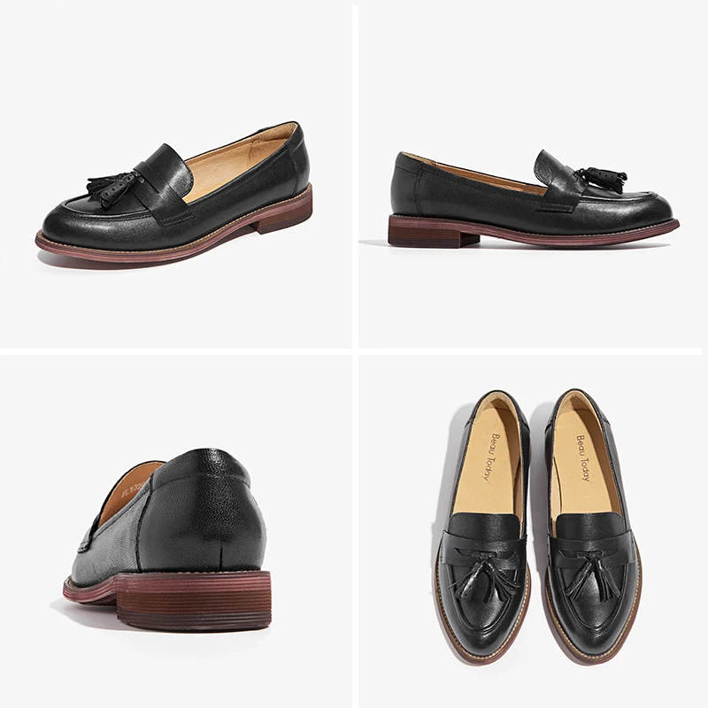 BeauToday Tassels Penny Loafers Women Waxing Sheepskin Genuine Leather Pointed Toe Ladies Slip On Flat Shoes Handmade A27075