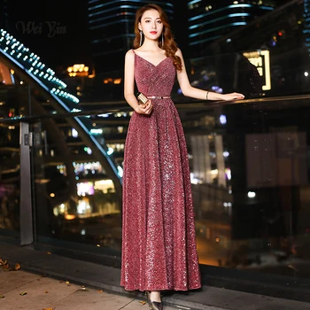 

weiyin 2019 Evening Dress Sparkle Long Deep V-Neck 2020 Mesh Cross Back Shiny Sequin Evening Dress Gowns WY1230