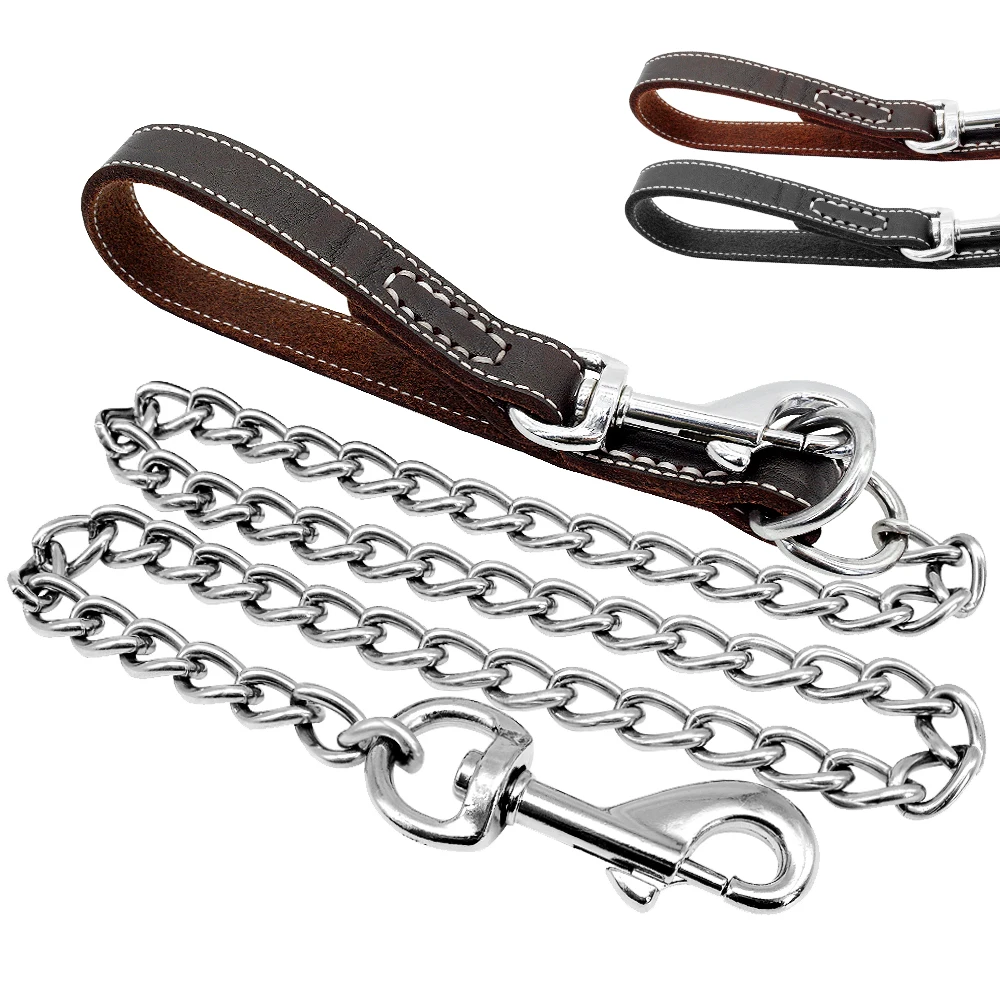 

Dog Chain Leash With Leather Handle Dogs Walking Training Lead Rope Collar Harness Leashes Anti-Bite Metal Dog Chain Lead