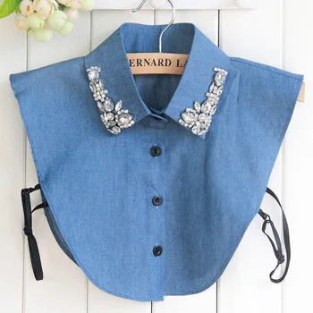 shirt blouse peter pan detachable collar women lapel fake false collar denim Diamond embroidery black white shirts accessories