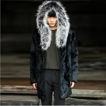 

S-5XL Europe and United States High imitation Mink Fur Coat Faux Fox Fur Coat Long hooded Overcoat Male Winter Clothing