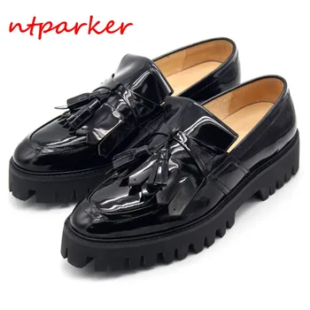

Tassel Fringe Black Patent leather Loafers Man Shoes Platform Slip on Boats Loose Shoe Hombre Zapatillas Size Euro 45 Breathable