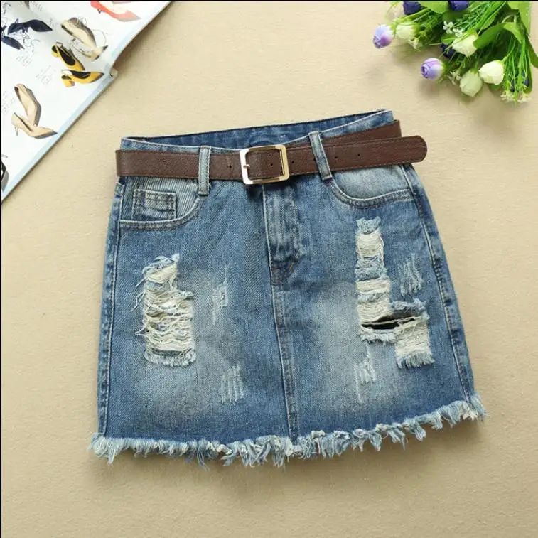 

Ripped Denim Above Knee Mini Jeans Skirts For Women Mid Waist Tassel Female Denim Skirt Hole Summer Sexy Skirt Jeans Saias J2918