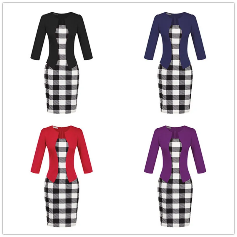Plus Size XXXL Pencil Work Dresses Present With Belt One Piece Dress Patchwork Fake 2 Pcs Business Formal Office Bodycon Dress (10)