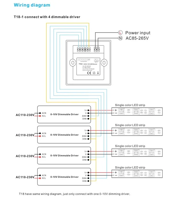 T18-1; 4 зоны одного цвета/1CH, 4CH, 10mA/CH Сенсорная панель 0-10 в светодиодный диммер; выход соединяется с 0/1-10 В затемняемый драйвер