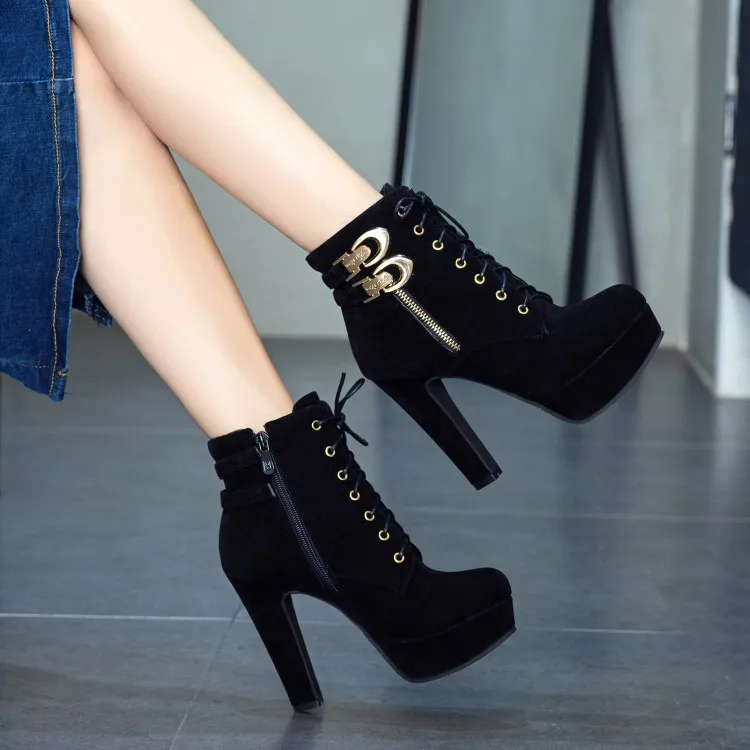 

Big Size 11 12 13 14 15 16 17 18 19 Ladies with high heels, thick, rounded toe, versatile ankle boot side zipper front lacing