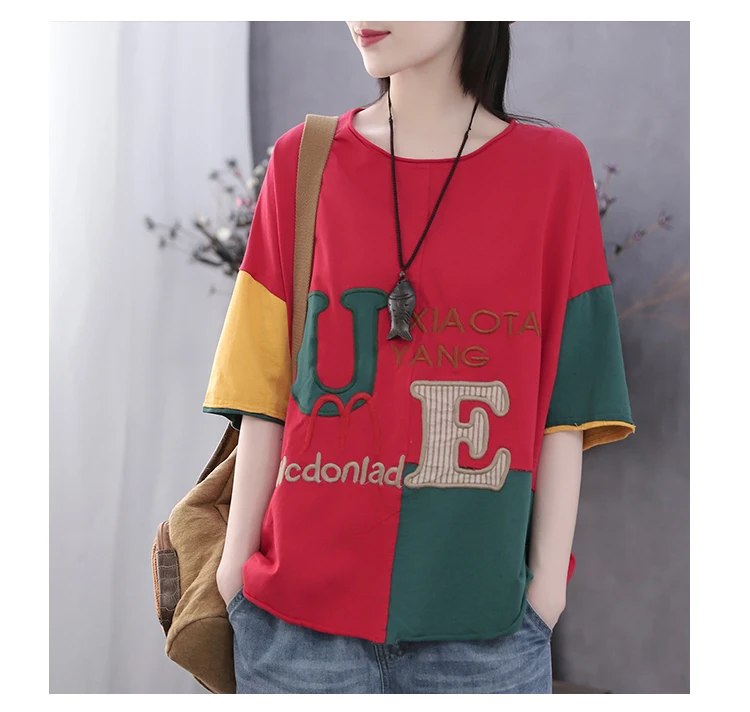 Women Summer Fashion Brand China Style Vintage Patchwork Letter Embroidery Short Sleeve T-shirt Female Casual Loose Tee Tshirts