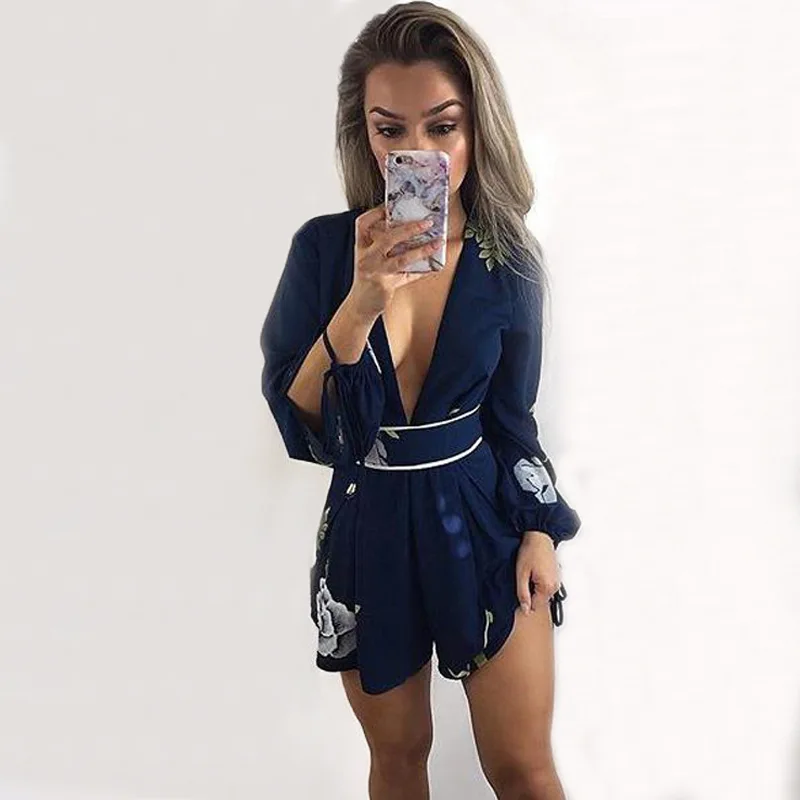 Combishort Long sleeve Rompers Summer Women Jumpsuit Floral Printing V neck backless Sexy Bodysuit macacao Femme Ete wz*