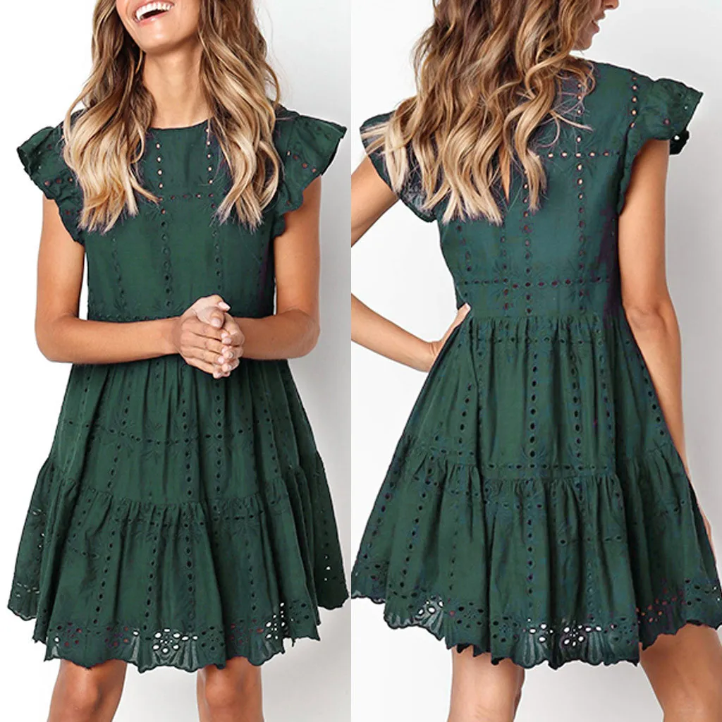 

Women Summer Dress Fashion Women Casual Ruffles Sleeve Ladies O-Neck Hollow Out Ruched A-Line Solid Color Dress Vestidos 3*0