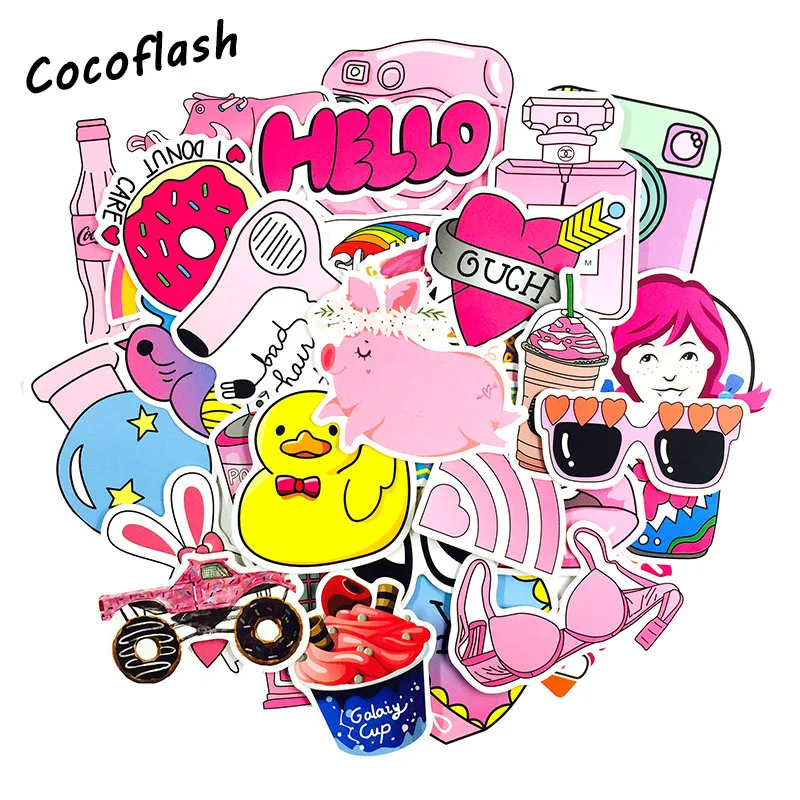 HOT 50 pcs PVC Waterproof Pink Girls Fun Sticker Toys The Luggage Stickers For Moto Car Suitcase Cool Fashion Laptop Stickers