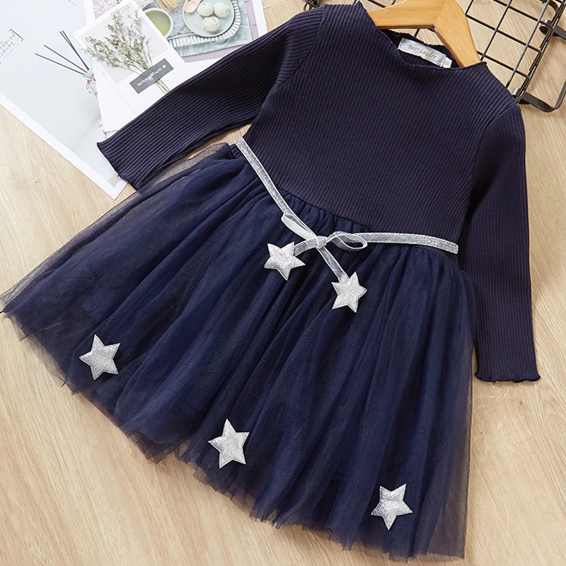 Bear Leader Girls Dress Navy Style Dress Spring Long Sleeve Puff Sleeve Princess Dresses Solid Children Dress Toddler Dresses